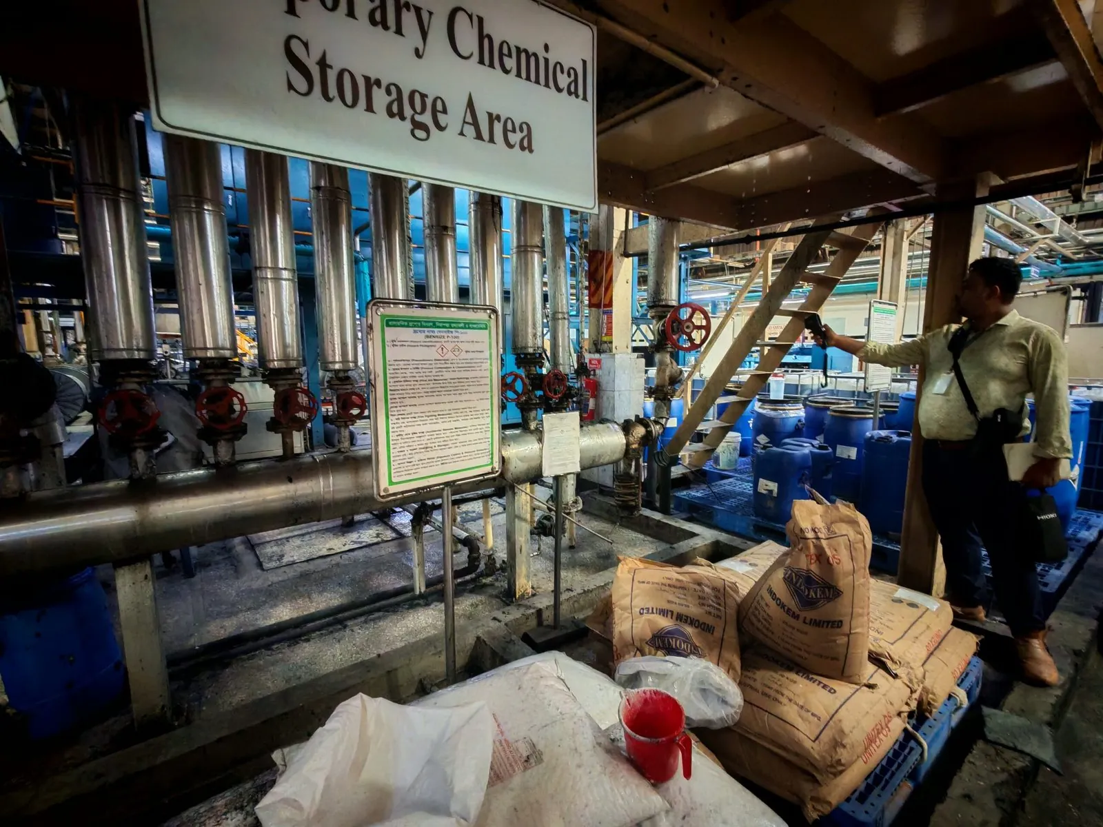 Chemical storage area beside a textile production line